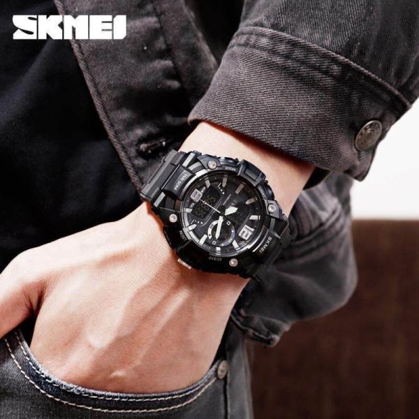 SKMEI 1529 Men's Sports LED Light Chronograph Dual Display 3 Time Multi-Function Watch - Black - Image 2