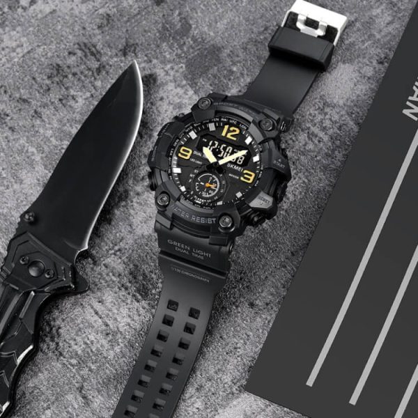 SKMEI 1965 Men's Military 3 Time Chrono Waterproof LED Dual Display Sport Watch - Black - Image 3