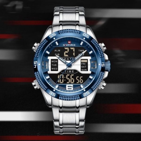 NaviForce NF9201 Men's Digital Analog Stainless Steel Complete Calendar Watch - Blue/Silver - Image 2