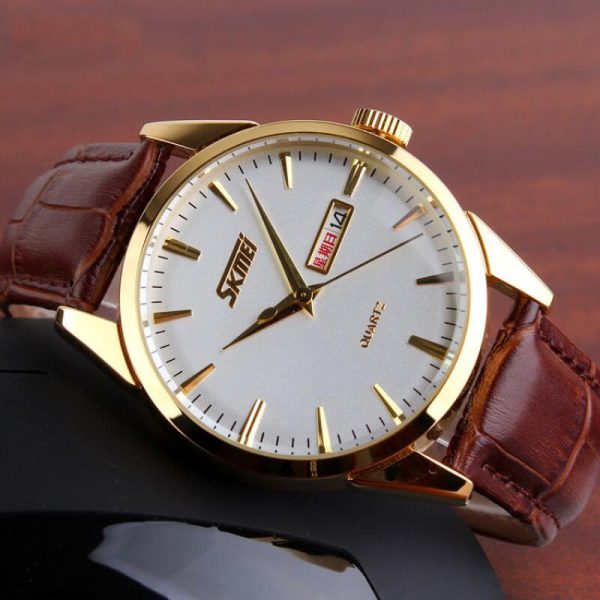 SKMEI 9073 Classic Luxury Day Date Display Stick Index Leather Strap Quartz Watch For Men - Golden/Brown - Image 2