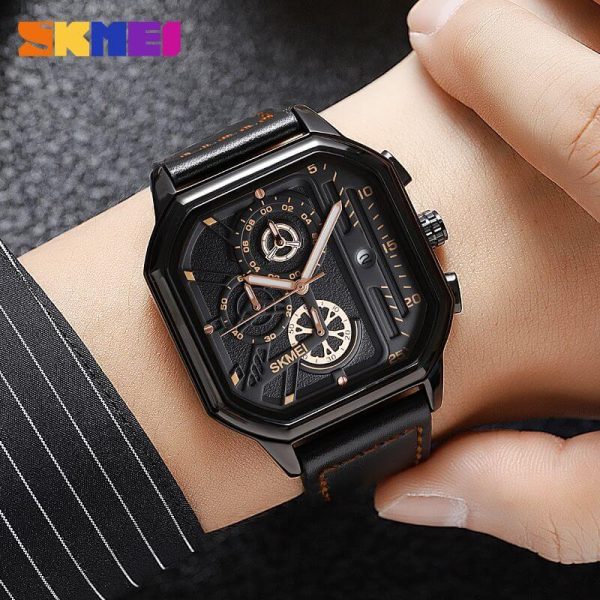 SKMEI 1963 Men's Fashion Multifunction Chronograph Square Dial Date Display Leather Strap Watch - Black - Image 2