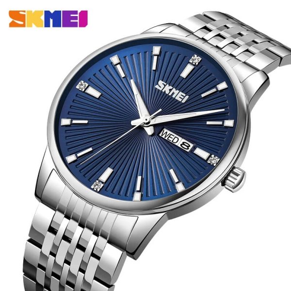 SKMEI 9323 Men's Texture With Fashion Day Date Display Quartz Stainless Steel Watch - Blue/Silver