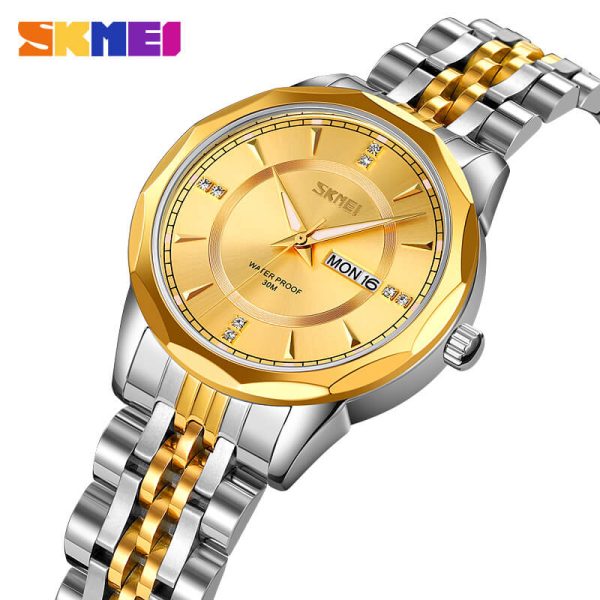 SKMEI 9268 Luxury Fashionable Day Date Function Geometric Cutting Round Dial Stainless Steel Watch For Men - Golden/Silver