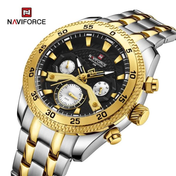 NaviForce NF9222 Men's Sports Fashion Quartz Lumnious Date Day Display Stainless Steel Watch - Black/Golden