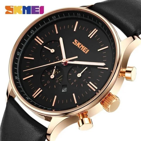 SKMEI 9117 Men's Business Elegant Chronograph Moonphase Complete Calendar Leather Strap Watch - Black/RoseGold