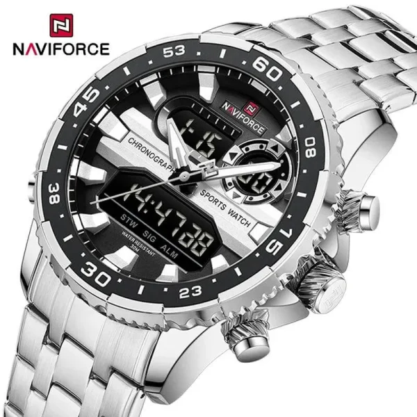 NaviForce NF9234 Multifunction Dual Display Complete Calendar Stainless Steel Watch For Men - Black/Silver