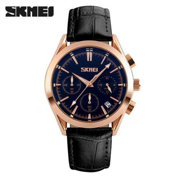 SKMEI 9127 Men's Elegant Business Analog Date Display Multifunction Leather Strap Chronograph Watch - Black - Image 2