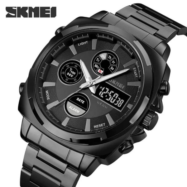 Skmei 1673 Business Dual Display Stainless Steel Multifunction Fashion LED Light Watch For Men - Black