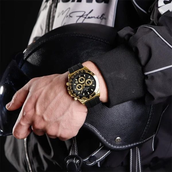 NaviForce NF8054 Luxury Fashion Chronograph Date Display Silicon Strap Watch For Men - Black/Golden - Image 2