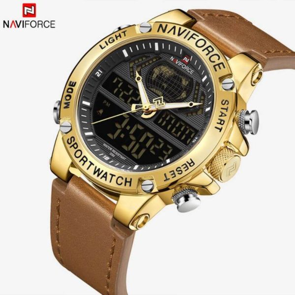 NaviForce NF9164 Dual Time Quartz Sports Watch for Men - Golden