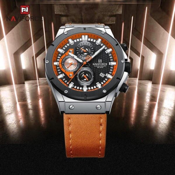 NaviForce NF8027 Men's Novicius Business Edition Leather Strap Chronograph Watch - Black/Orange - Image 2