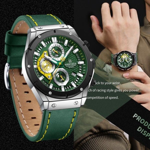 NaviForce NF8027 Men's Novicius Business Edition Leather Strap Chronograph Watch - Green - Image 2