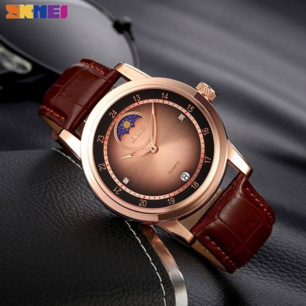 SKMEI 9300 Men's Business Moon Phase Leather Strap Date Display Quartz Watch - Brown - Image 2