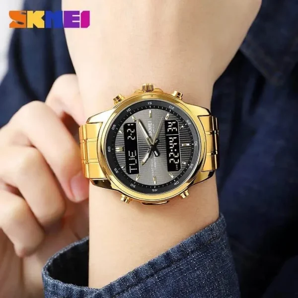 SKMEI 2049 Fashion Dual Display Multifunction Date Week Display Stainless Steel Watch For Men - Black/Golden - Image 2