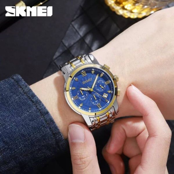 SKMEI 1904 Men's Business Chronograph Quartz Movement Date Display Diamond Stainless Steel Wristwatch - Blue/Silver - Image 2