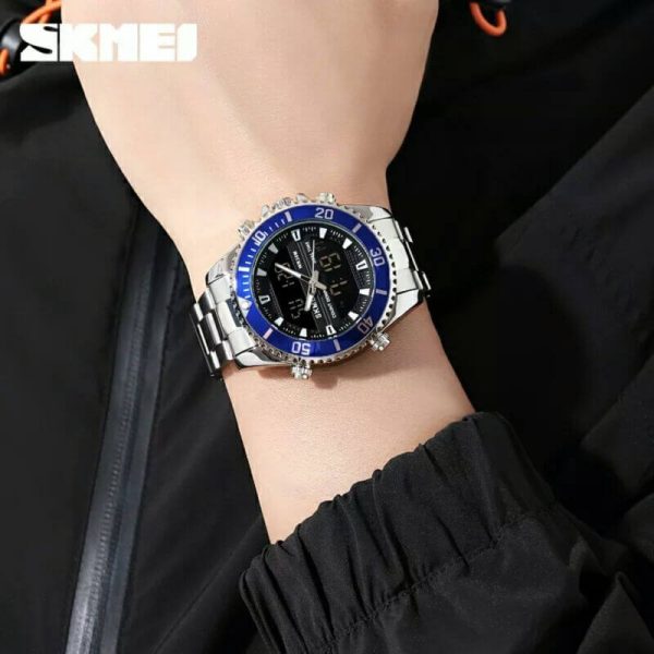 SKMEI 1850 Multifunction 3Time Analog Digital Stainless Steel watch For Men - Blue/Silver - Image 2