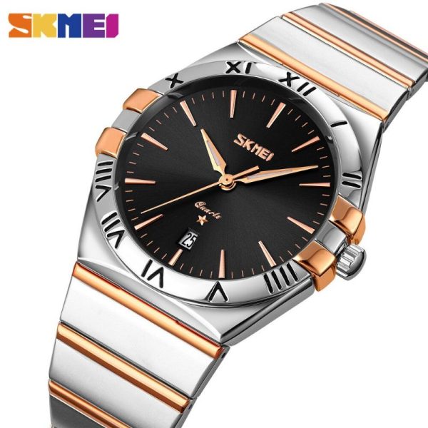 SKMEI 9257 Business Casual Roman Numeral Date Display Stainless Steel Wristwatch For Men - Silver/RoseGold