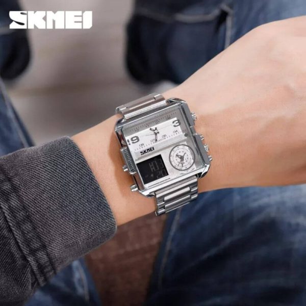 SKMEI 1584 Men's Multifunction Square Dial Digital Analog LED Chronograph Stainless Steel Wristwatch - Silver - Image 2