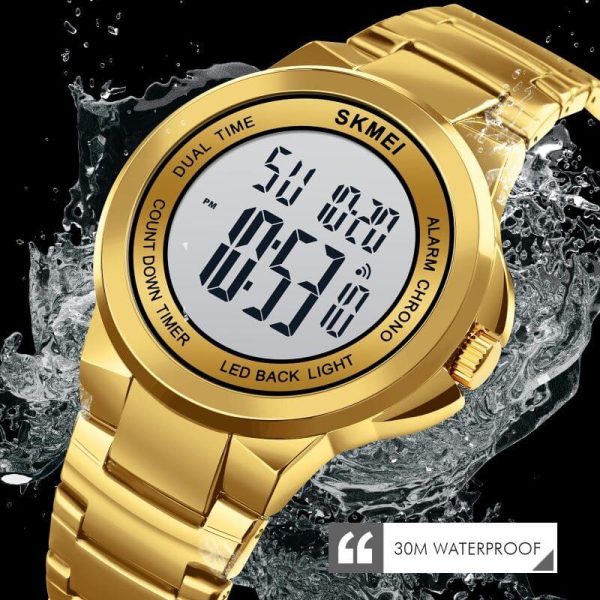 SKMEI 1712 Digital 2 Time Stainless Steel Fashion LED Waterproof Watch For Men - Golden - Image 2