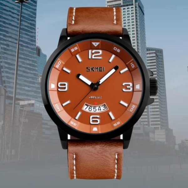 SKMEI 9115 Men's Casual Date Display Leather Strap Luminous Quartz Watch - Coffee/Brown - Image 3