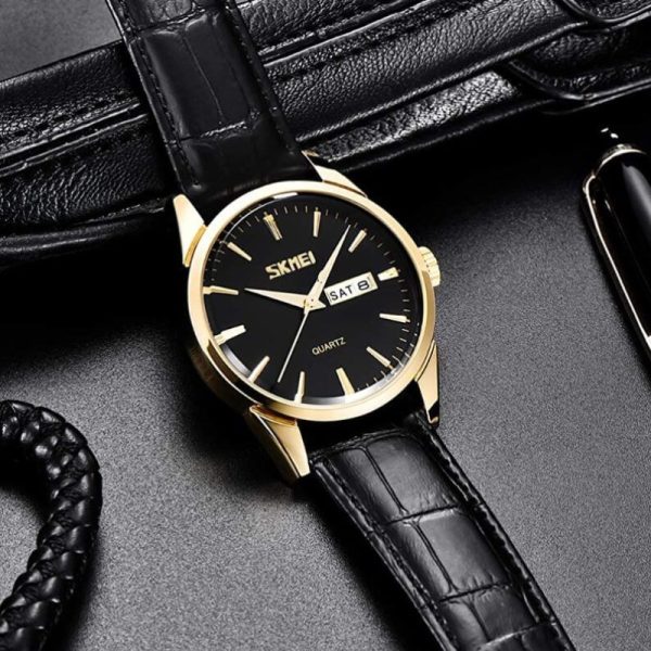 SKMEI 9073 Classic Luxury Day Date Display Stick Index Leather Strap Quartz Watch For Men - Black - Image 3