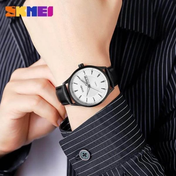 SKMEI 2075 Simple Elegant Quartz Date Day Display Leather Strap Watch For Men - White/Black - Image 2