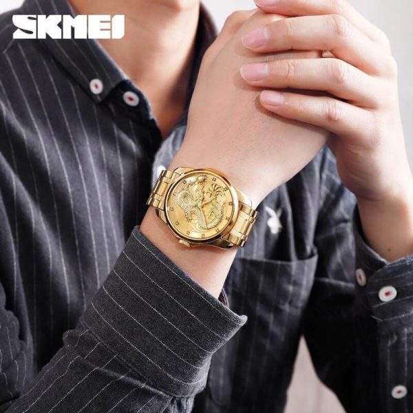 SKMEI 9193 Dragon Quartz Luxury Stainless Steel Alloy Business Waterproof Wristwatches For Men - Golden - Image 2