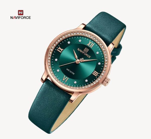 Naviforce NF5036 Classic Rhinestone Surrounded Leather Strap Roman Numeral Watch For Women - Green - Image 3