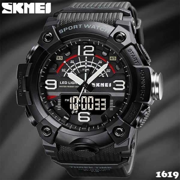 SKMEI 1619 Dual Time Multifunction Stopwatch Alarm LED Digital Analog Sport Watch For Men - Black