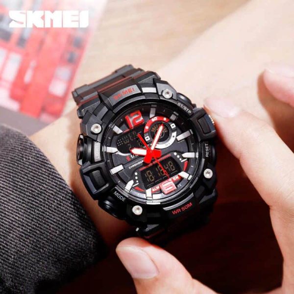 SKMEI 1529 Men's Sports LED Light Chronograph Dual Display 3 Time Multi-Function Watch - Red/Black - Image 2