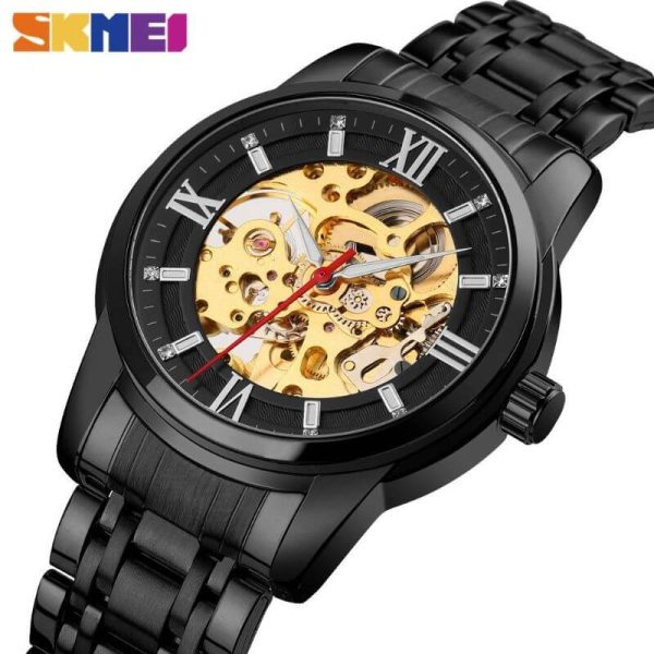 SKMEI 9222 Men's Business Skeleton Hollow Mechanical Automatic Stainless Steel Wristwatch - Black