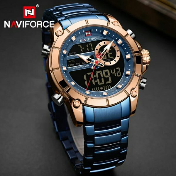 NaviForce NF9163 Double Time Luxury Business Edition Stainless Steel Watch - Blue/Rosegold - Image 4