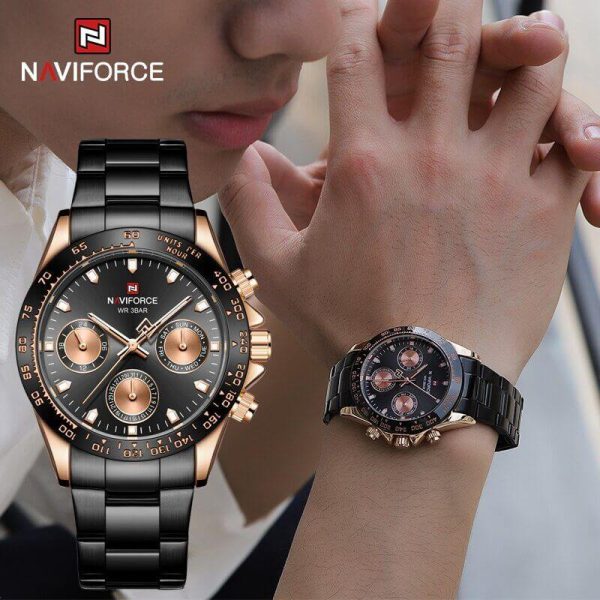 NAVIFORCE NF9193 Unisex Classic Business Luminous Multifunction Chronograph Stainless Steel Watch  - Black - Image 2