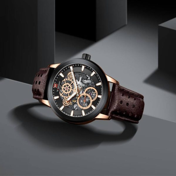 NaviForce NFS1002L Men's Self Winding Mechanical 10 ATM Waterproof Leather Strap Luminous Hands Chronograph Watch -Brown - Image 4