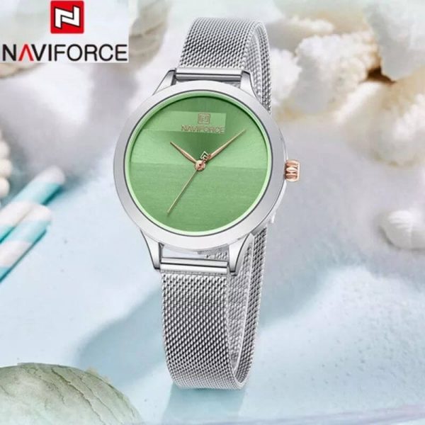 NaviForce NF5027 Simple Casual Round Mesh Stainless Steel Quartz Watch For Women - Green/Silver - Image 2