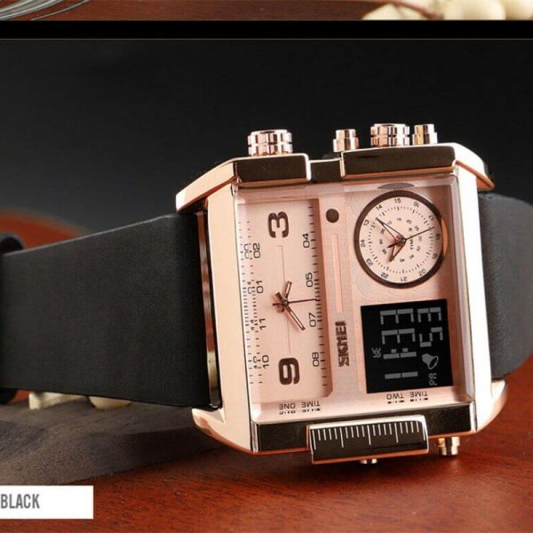 SKMEI 1584 Men's Multifunction Square Dial Digital Analog LED Chronograph Leather Strap Wristwatch - RoseGold/Black - Image 3