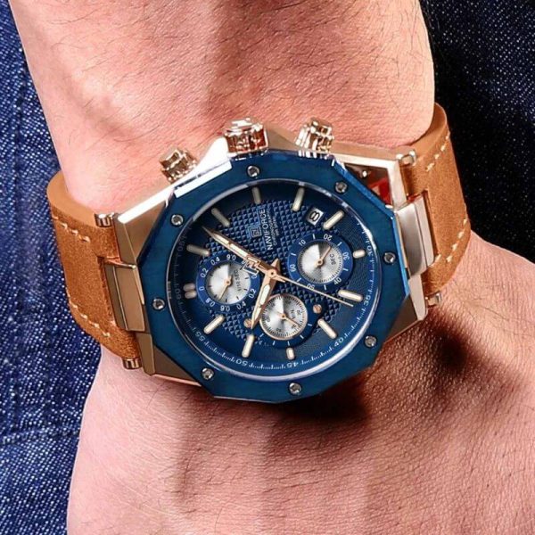 NaviForce NF8028 Men's Hexagon Dial Chronograph Complete Calendar Luminous Leather Strap Watch - Blue/Orange - Image 2