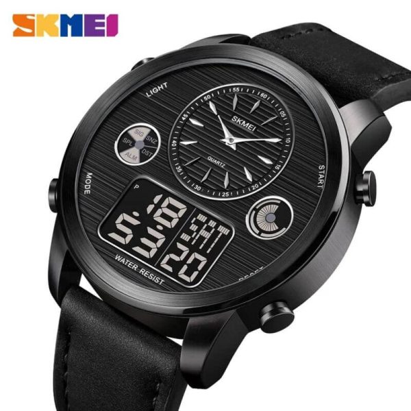 SKMEI 1653 Men's World Time Dual Display Movement LED Electronic Multifunction Leather Strap Watch - Black