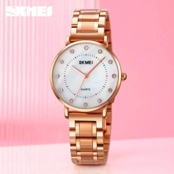 SKMEI 1840 Simple Elegant Rhinestone Round Dial Quartz Stainless Steel Watch For Women-RoseGold - Image 4