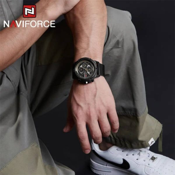 NaviForce NF9110 Luxury Chronograph Analog Quartz Mesh Stainless Steel Casual Watch For Men - Black/White - Image 3