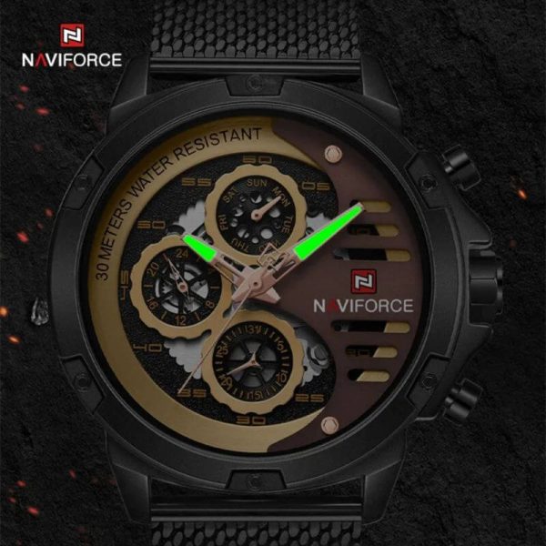 NaviForce NF9110 Luxury Chronograph Analog Quartz Mesh Stainless Steel Casual Watch For Men - Black/Golden - Image 3