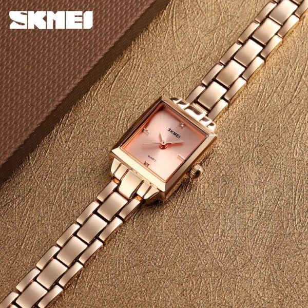 SKMEI 1407 Women's Rectangle Shape Diamond Studded Ultra Thin Stainless Steel Analog Watch - RoseGold - Image 2