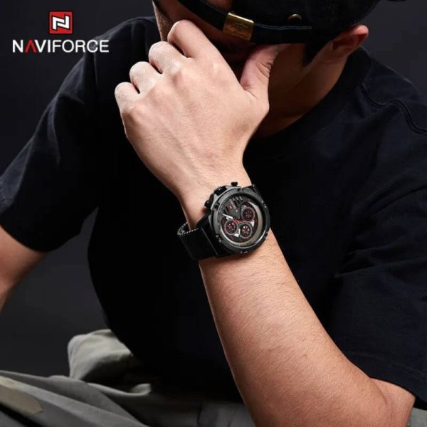 NaviForce NF9110 Luxury Chronograph Analog Quartz Mesh Stainless Steel Casual Watch For Men - Black/Red - Image 4