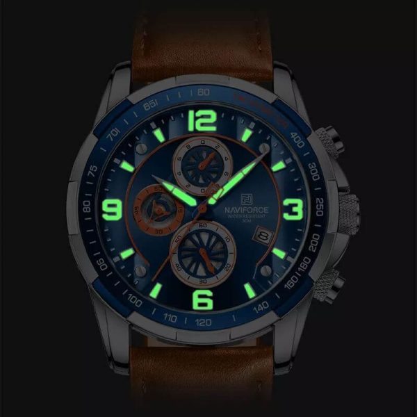 NaviForce NF8020 Fashion Multifunction Chronograph Date Display Leather Strap Wristwatch For Men - Blue/Orange - Image 5