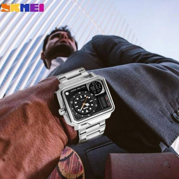 SKMEI 1392 Multifunction Digital Analog Square Stainless Steel Fashion Watch For Men - Silver - Image 2