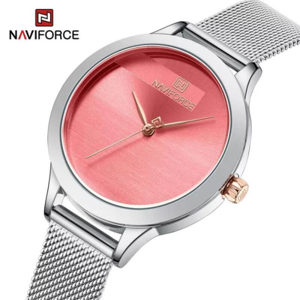 NaviForce NF5027 Simple Casual Round Mesh Stainless Steel Quartz Watch For Women - Pink/Silver