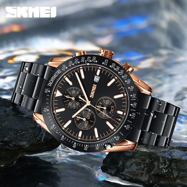 SKMEI 9253 Men's Top Luxury Chronograph Multifunction Stainless Steel Quartz Movement Watch - RoseGold/Black - Image 3