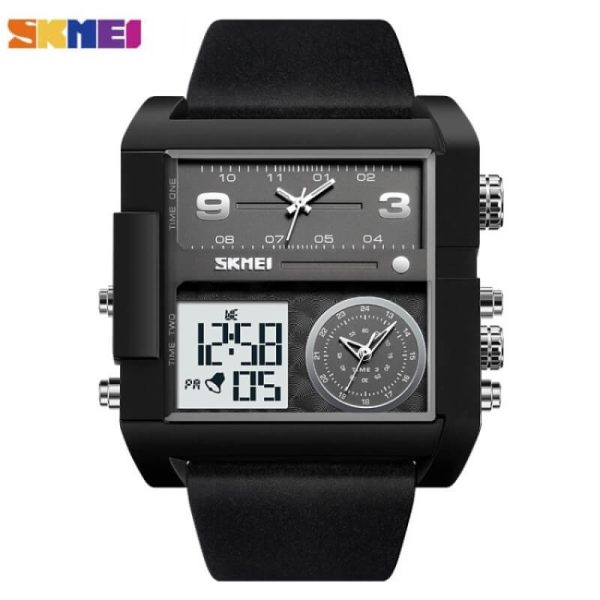 SKMEI 2020 Fashion Double Display Multifunction Large Dial Leather Strap Watch for Men -  Black