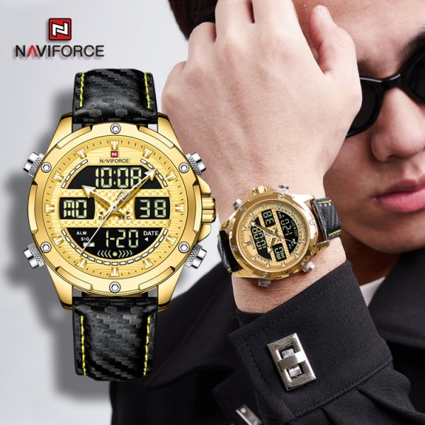 NaviForce NF9194 Multifunction Digital Analog LCD Leather Strap Complete Calendar Wristwatch For Men - Golden/Black - Image 3