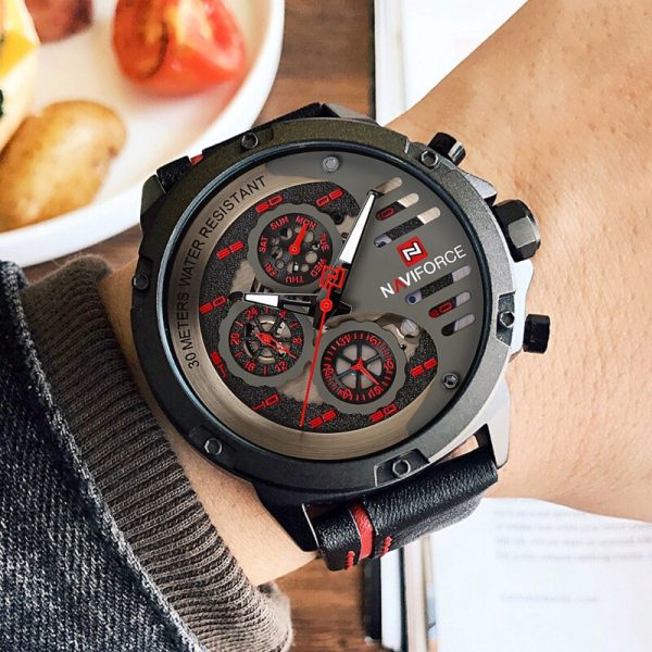 NAVIFORCE NF9110 Luxury Chronograph Analog Quartz Leather Casual Watch For Men - Red/Black - Image 2